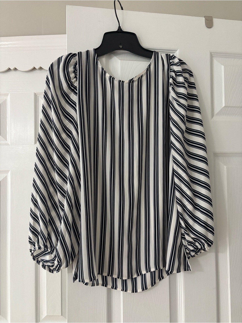 LOFT Blue and White Vertical Stripe Puff-Sleeve Blouse